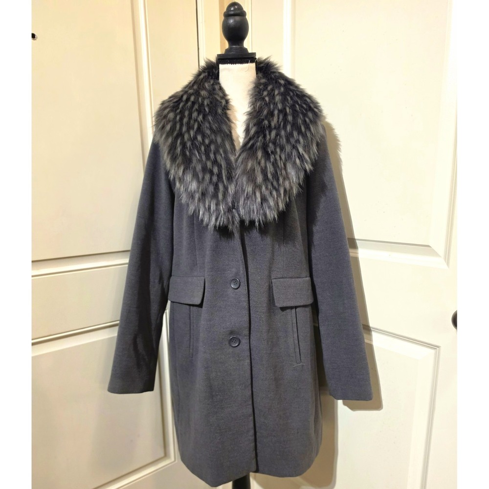 Liz Claiborne Women's Gray Wool Faux Fur Collar Pockets XL penny lane mob wife